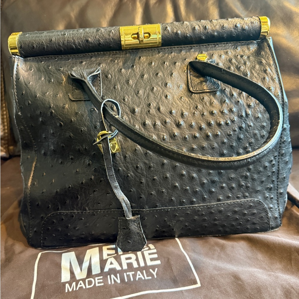 Vintage Black Ostrich Leather Handbag Made in Italy